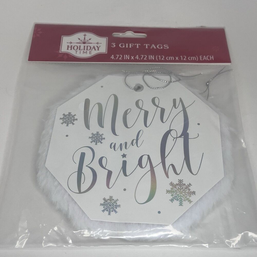 Holiday Time 3 Gift Tags Merry & Bright Christmas FUZZY WHITE - NEW